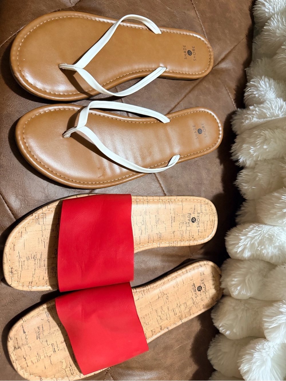 Shade & Shore Red Cork Slide and White-Strap Tan Flip-Flops - Women's